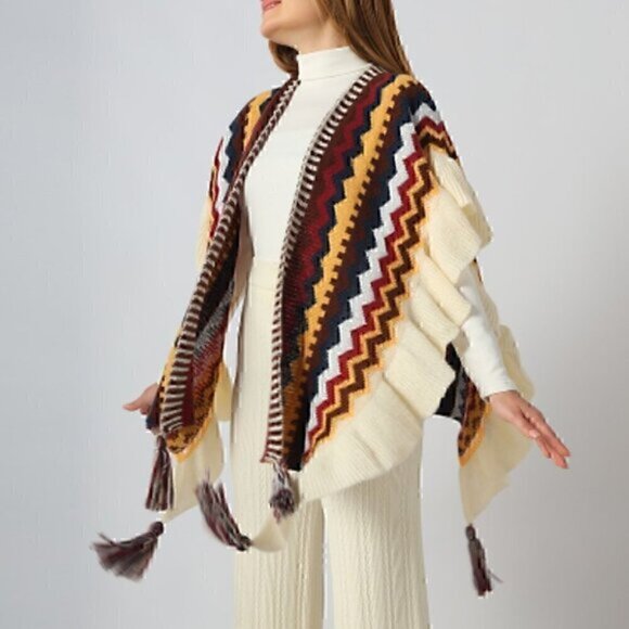 Knitted Wool Geometric Chevron Tassel Shoulder Shawl - Picture 3 of 6